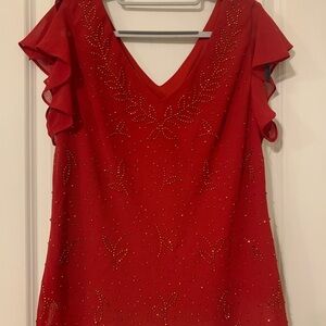 Elegant Red Beaded Blouse with Ruffle Sleeves